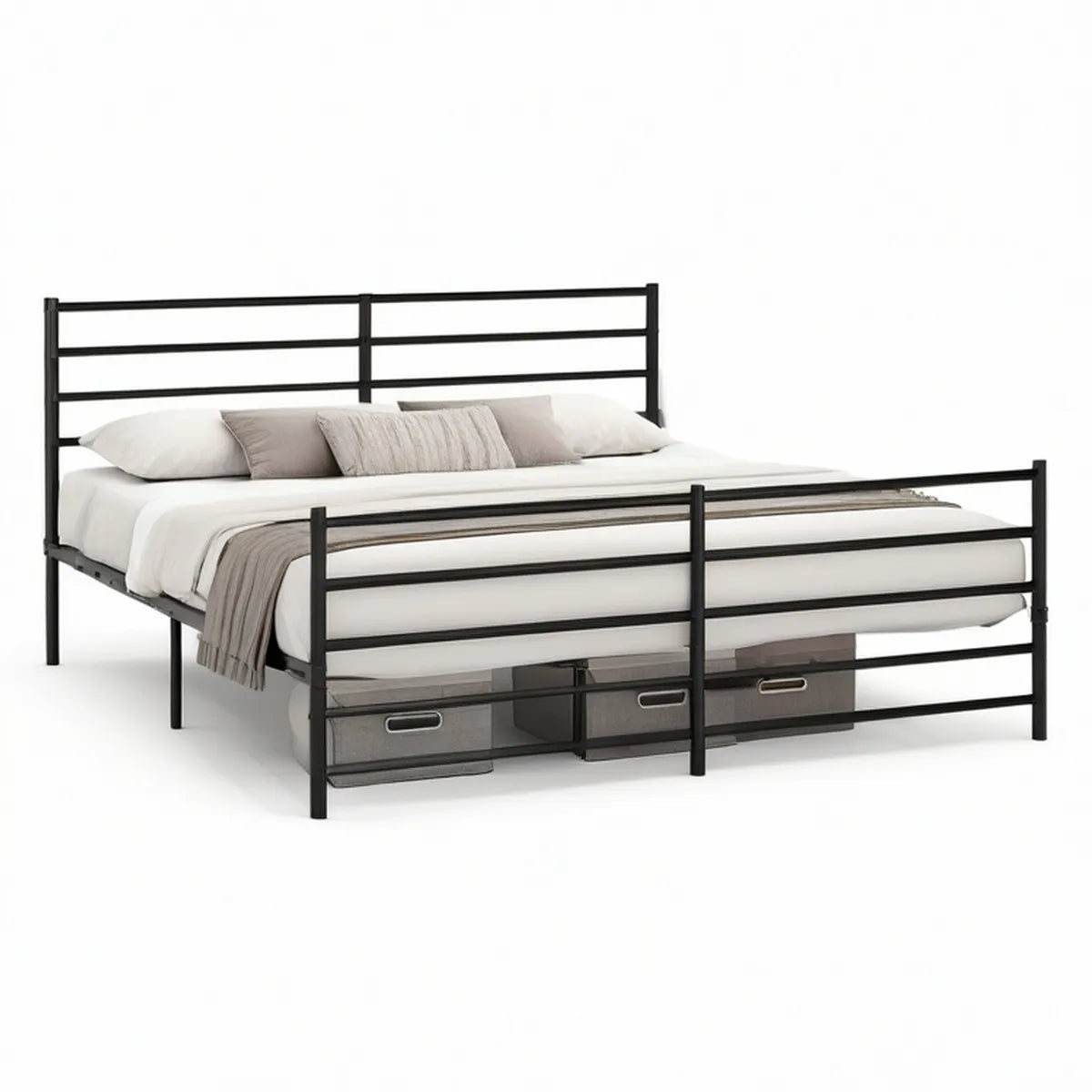 Estrutura de Cama de Casal 160 x 200 cm em Aço Carbono Preto com Cabeceira e Peseira