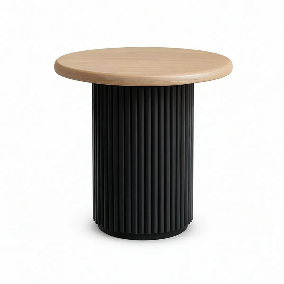 Mesa Lateral Redonda Ø50 x 55 cm com Tampo em MDF Carvalho Claro e Base Canelada Preta
