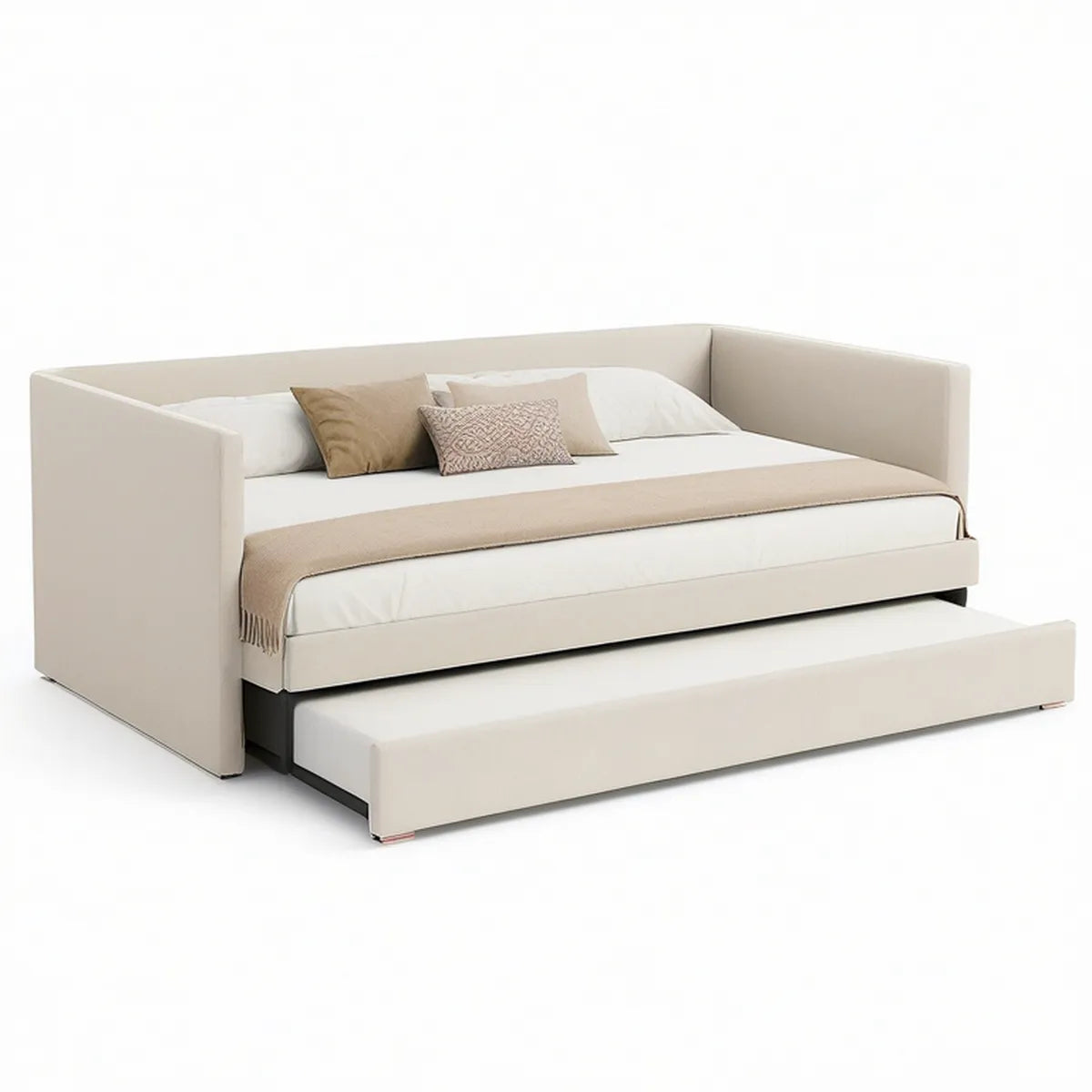 Sofá-cama Bege em PU com Cama Auxiliar Deslizante para Colchões 200 x 90 cm e 190 x 90 cm, 214 x 98 x 85 cm