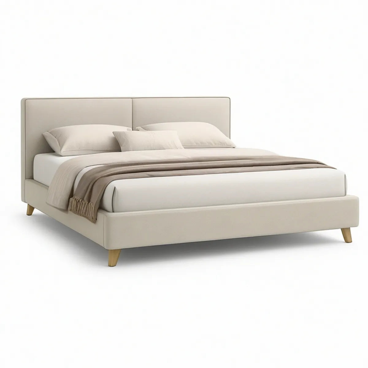 Cama de Casal Estofada Bege com Pés em Castanho Natural, 160 x 200 cm