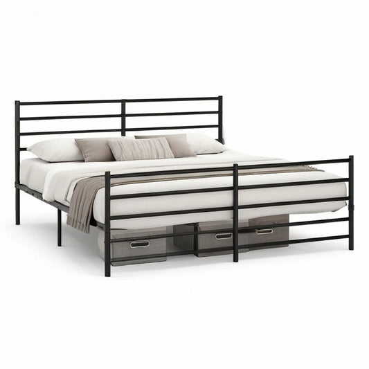 Estrutura de Cama de Casal 160 x 200 cm em Aço Carbono Preto com Cabeceira e Peseira
