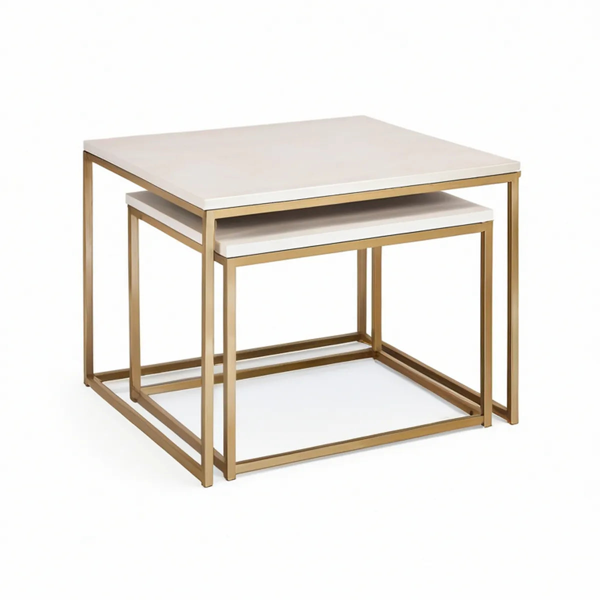 Conjunto de 2 Mesas de Centro Quadradas em MDF Branco e Aço Dourado, 50 x 50 x 50 cm e 40 x 40 x 45 cm