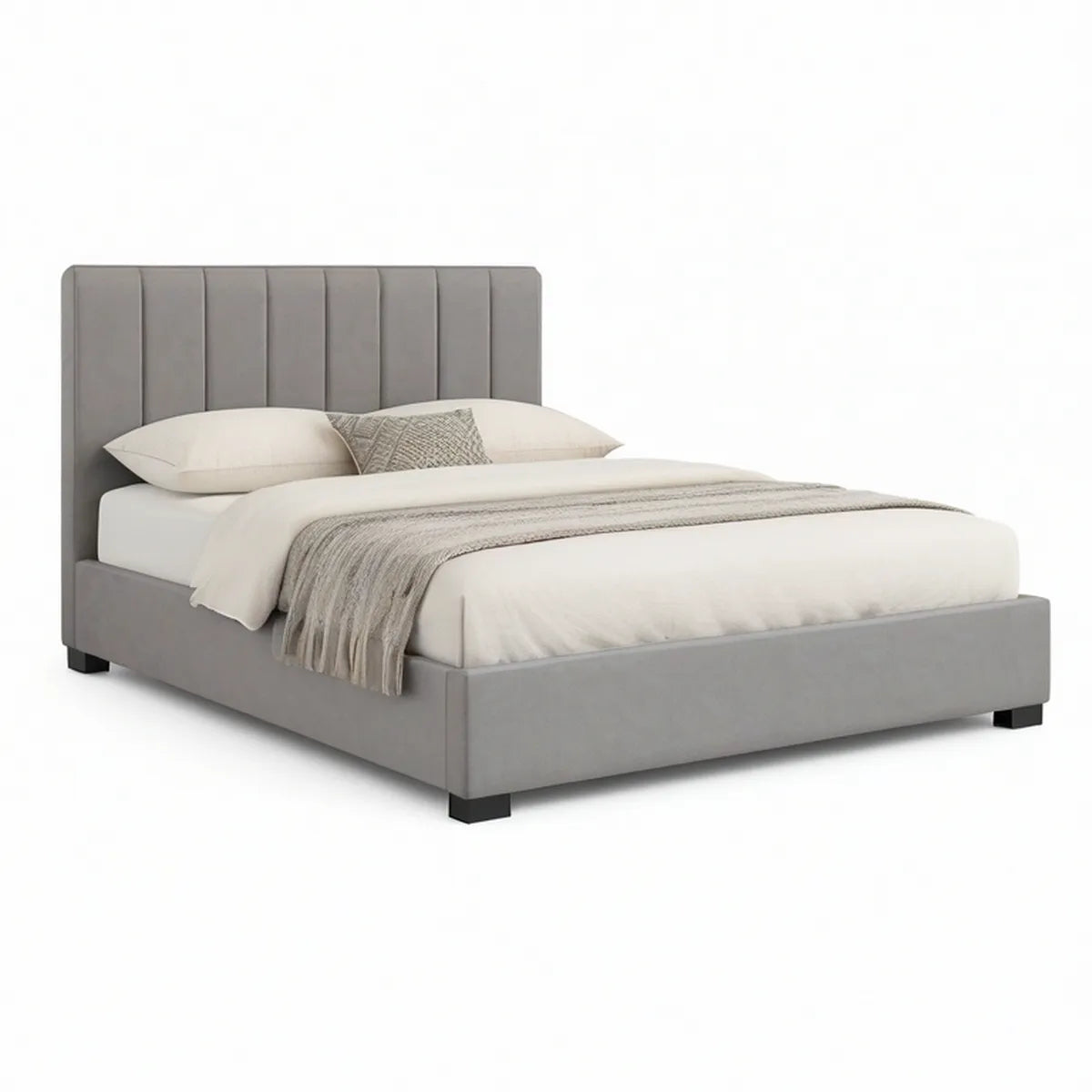 Cama de Casal Estofada em Veludo Cinzento 160 x 200 cm