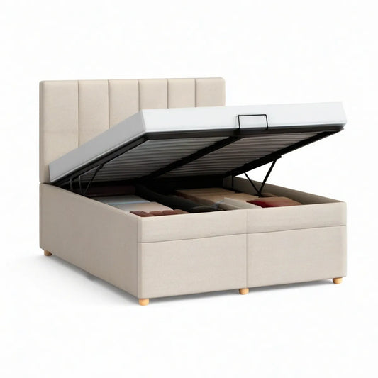 Cama de casal estofada bege com arrumação elevatória, 160 x 200 cm