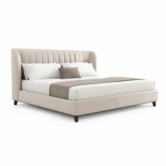 Cama de Casal Estofada Bege 160 x 200 cm com Cabeceira Acolchoada