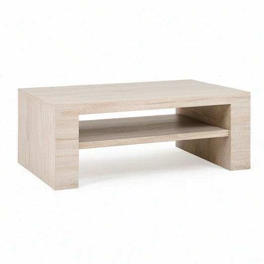 Mesa de Centro Retangular com Prateleira em MDF Efeito Travertino Bege Claro 100 x 60 x 40 cm