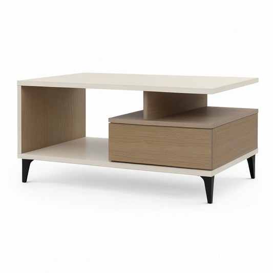 Mesa de centro retangular com gaveta e prateleiras em bege, carvalho natural e preto, 120 x 60 x 45 cm