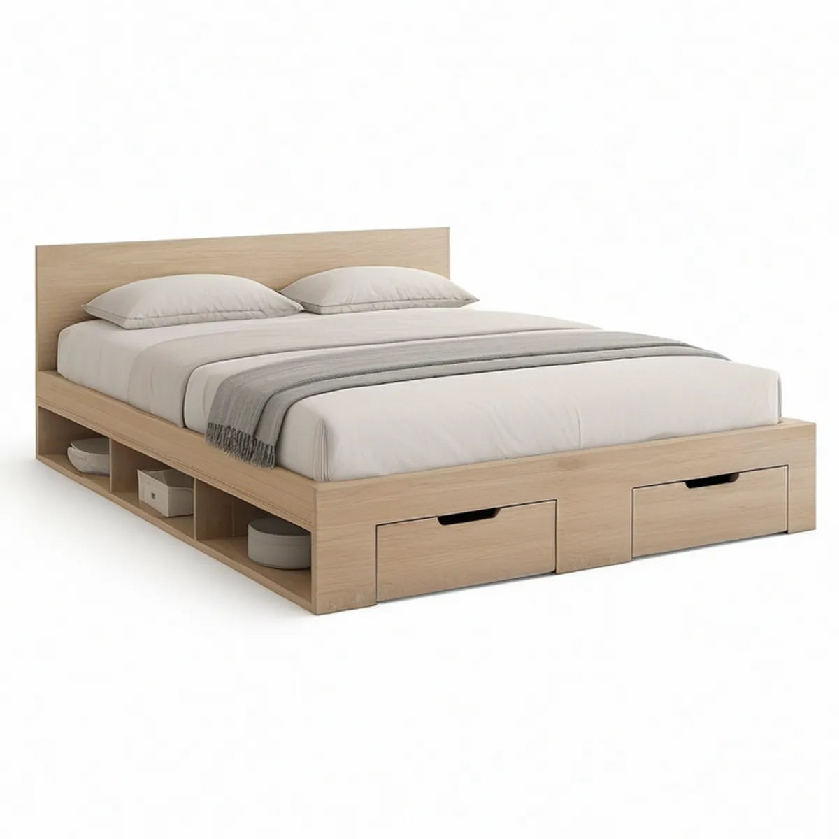 Cama de Casal com Arrumação e Cabeceira 160 x 200 cm em Aglomerado Melaminado Bege Claro
