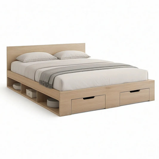 Cama de Casal com Arrumação e Cabeceira 160 x 200 cm em Aglomerado Melaminado Bege Claro