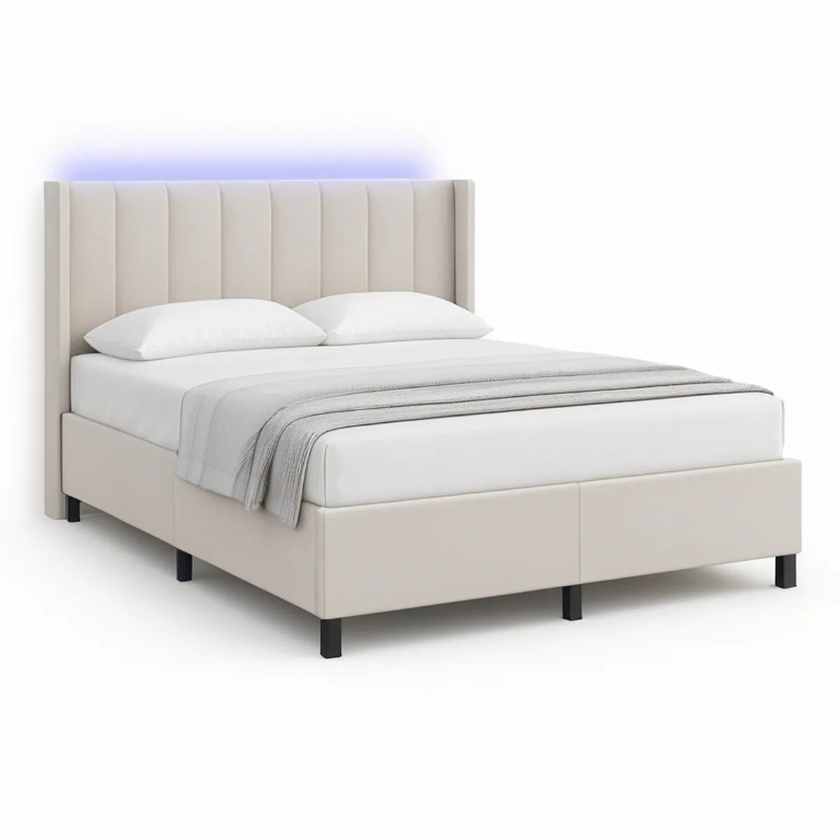 Estrutura de Cama Estofada Retangular 160 x 200 cm em Poliéster Bege