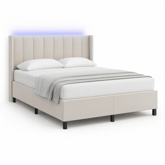 Estrutura de Cama Estofada Retangular 160 x 200 cm em Poliéster Bege