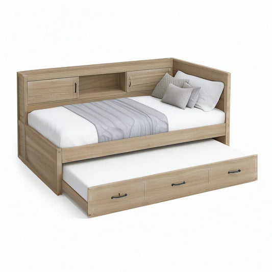 Cama Individual em Pinho Maciço com Gavetão, Arrumação e Cama Extra Natural 90 x 190 cm