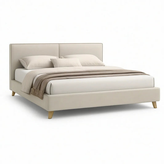 Cama de Casal Estofada Bege com Pés em Castanho Natural, 160 x 200 cm