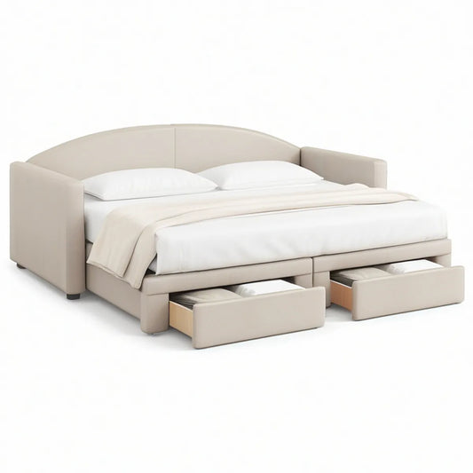 Sofá-cama de casal bege com 2 gavetas, 220 x 170 x 85 cm