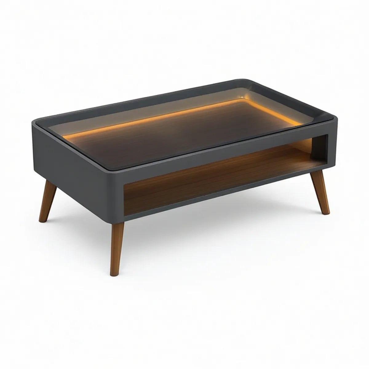 Mesa de centro retangular com iluminação LED, MDF preto e nogueira, 100 x 60 x 45 cm