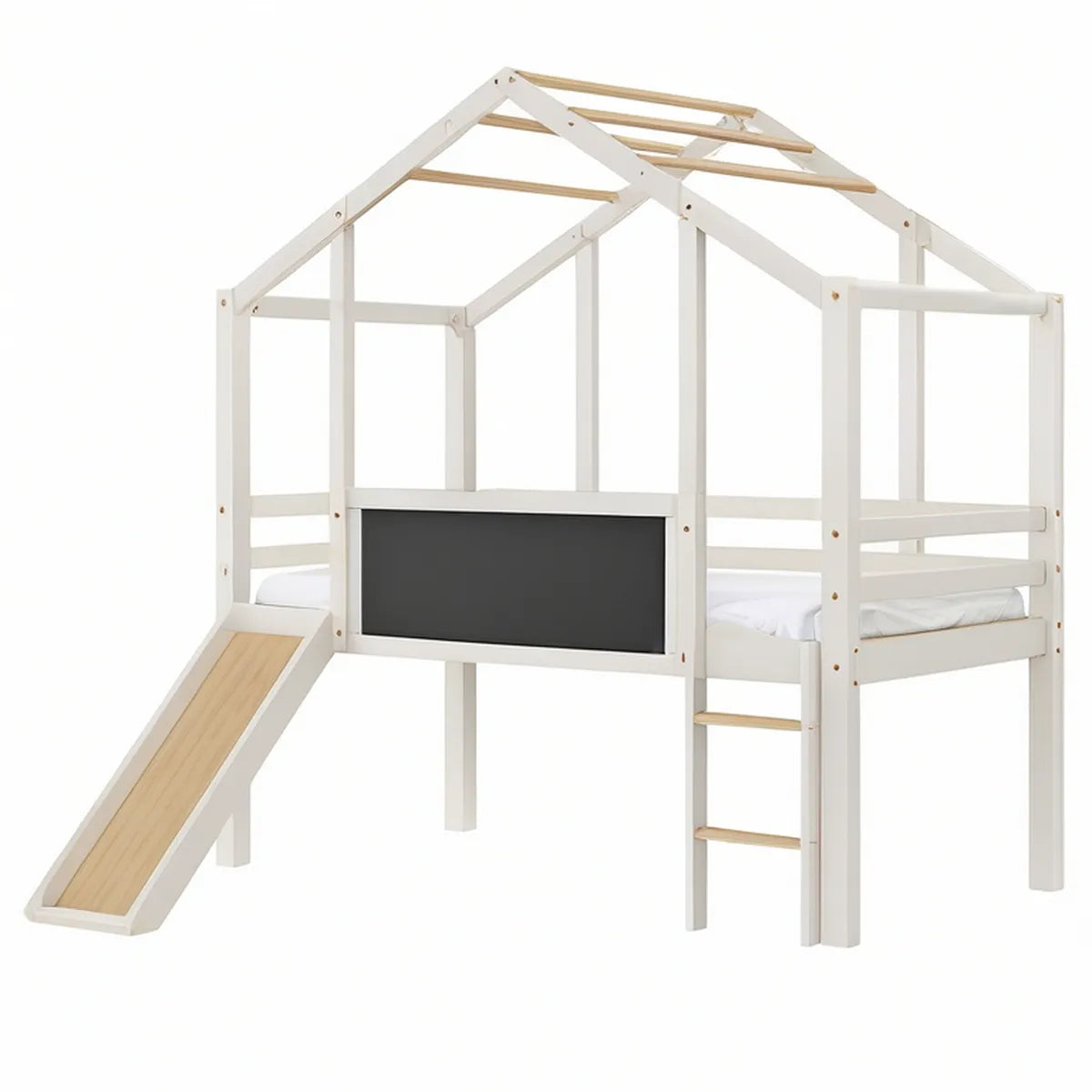 Cama Alta Infantil em Pinho Maciço com Escorrega e Quadro, 90 x 200 cm, Branco/Natural/Preto